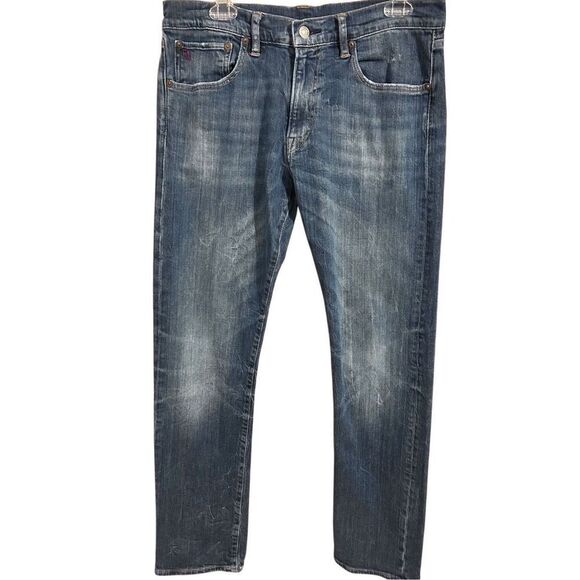 Polo Ralph Lauren Jeans Mens 32x32 Varick Slim Straight Blue Denim Jeans Distres - Picture 1 of 12